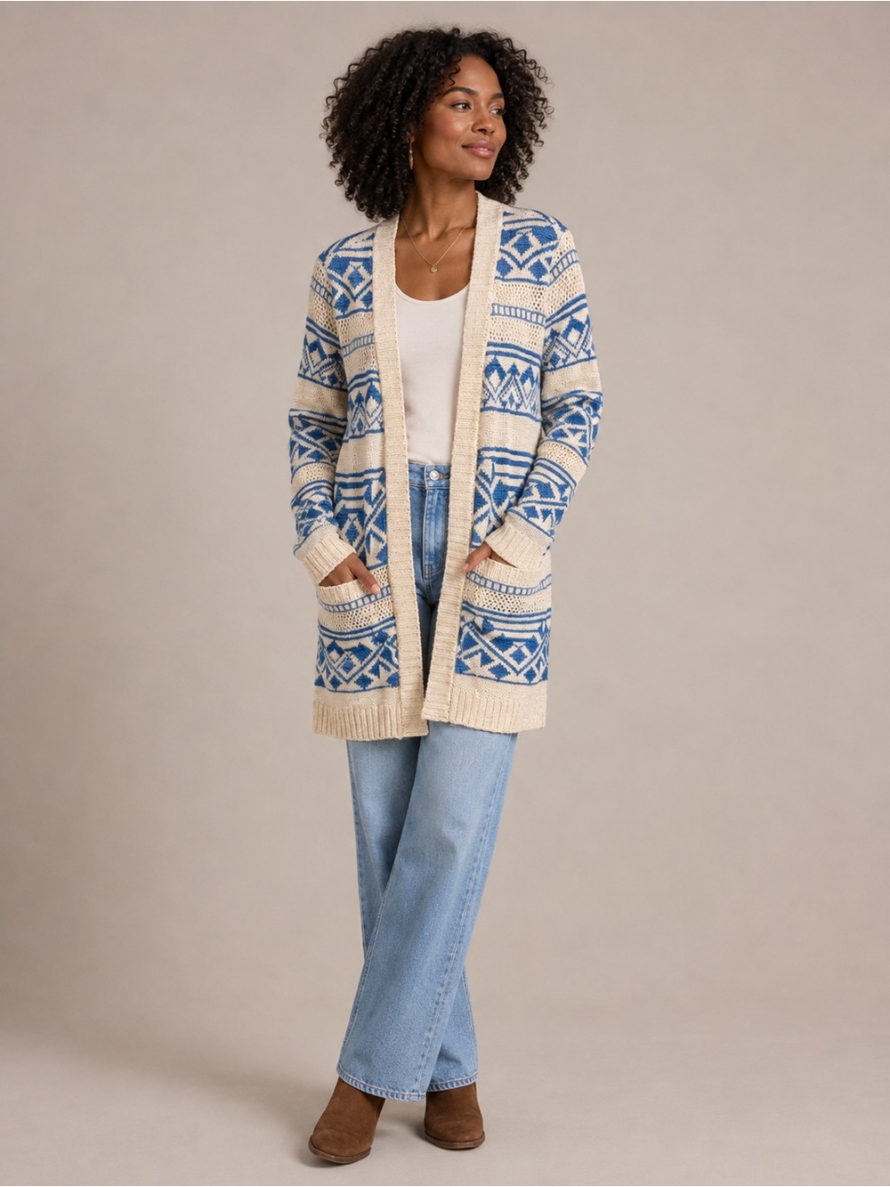 Pink Republic XS Cardigan NWT Blue Cream Geometric Long Open Front Sweater